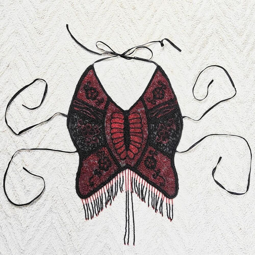 Y2K Black Red Beaded Butterfly Fairygoth Top